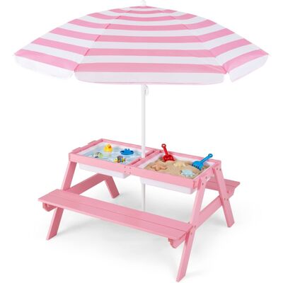 Costway - 3-in-1 Kids Picnic Table Wooden Outdoor Sand & Water Table with Umbrella Play Boxes - Pink+White Costway - 3-in-1 Kids Picnic Table Wooden Outdoor Sand & Water Table with Umbrella Play Boxes - Pink+White