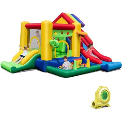 Costway - Colorful Rainbow Kids Inflatable Bounce Castle with 50 Ocean Balls & 735W Blower - Multicolor Costway - Colorful Rainbow Kids Inflatable Bounce Castle with 50 Ocean Balls & 735W Blower - Multicolor