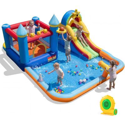 Costway - Giant Water Slide Bounce House with Climbing Wall, Splash Pool & Basketball Hoop With 680W Blower - Colorful Costway - Giant Water Slide Bounce House with Climbing Wall, Splash Pool & Basketball Hoop With 680W Blower - Colorful