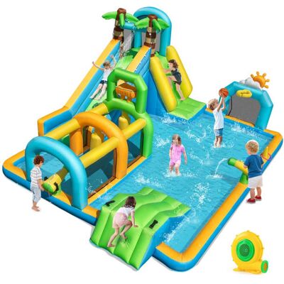 Costway - Inflatable Water Park with Climbing Wall Basketball Rim Target Game & 680W Blower - Multicolor Costway - Inflatable Water Park with Climbing Wall Basketball Rim Target Game & 680W Blower - Multicolor