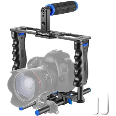 Neewer - Aluminum Camera Cage Kit with Top Handle & Dual Grips, 15mm Rods, Black/Blue Neewer - Aluminum Camera Cage Kit with Top Handle & Dual Grips, 15mm Rods, Black/Blue