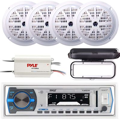 Pyle - PLMRB29W Single-DIN Marine Bluetooth MP3 Receiver w/Cover, 4x 5.25'' 100W Speakers (White), Bluetooth Amplifier Pyle - PLMRB29W Single-DIN Marine Bluetooth MP3 Receiver w/Cover, 4x 5.25'' 100W Speakers (White), Bluetooth Amplifier