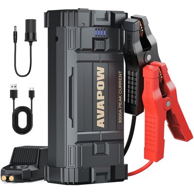 AVAPOW - Car Jump Starter 3000 amp peak 23800 milliamp hour 12 Volt Battery Booster for up to 8 liter gas and diesel LCD Display AVAPOW - Car Jump Starter 3000 amp peak 23800 milliamp hour 12 Volt Battery Booster for up to 8 liter gas and diesel LCD Display