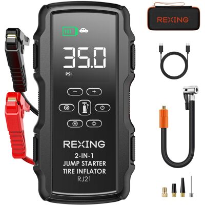 Rexing - 2-in-1 Jump Starter & Tire Inflator, 7200mAh Portable 12V Car Battery Booster with 150 PSI Air Compressor Rexing - 2-in-1 Jump Starter & Tire Inflator, 7200mAh Portable 12V Car Battery Booster with 150 PSI Air Compressor