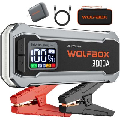 WOLFBOX - 3000A 12V Car Battery Jump Starter, 16000mAh Portable Battery Jump Box Pack with LED Light, USB Quick Charge WOLFBOX - 3000A 12V Car Battery Jump Starter, 16000mAh Portable Battery Jump Box Pack with LED Light, USB Quick Charge