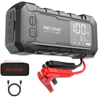 Rexing - 3000A Jump Starter, 12V Car Battery Booster with 65W Quick Charger Rexing - 3000A Jump Starter, 12V Car Battery Booster with 65W Quick Charger