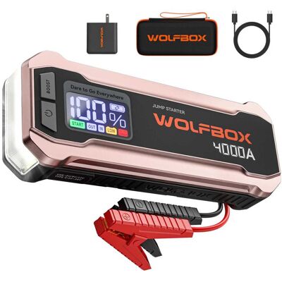 WOLFBOX - 4000A Portable Car Jump Starter - 88.8Wh Battery Booster for Up to 10.0L Gas & Diesel Engines, 65W PD Fast Charging WOLFBOX - 4000A Portable Car Jump Starter - 88.8Wh Battery Booster for Up to 10.0L Gas & Diesel Engines, 65W PD Fast Charging