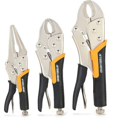 STEELHEAD - 3 Piece Locking Pliers Set, 10 Inch and 7 Inch Curved Jaw, Long Nose, Wire Cutter STEELHEAD - 3 Piece Locking Pliers Set, 10 Inch and 7 Inch Curved Jaw, Long Nose, Wire Cutter