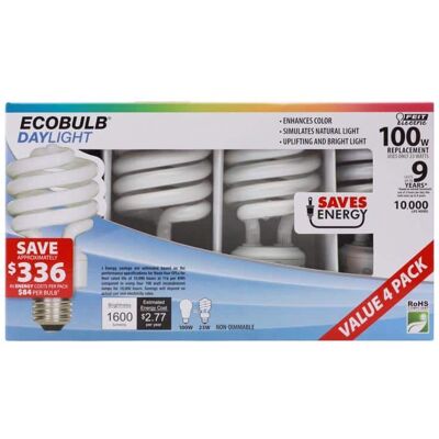 FEIT ELECTRIC - 23 W 2.35 in. D X 4.8 in. L CFL Bulb Daylight Spiral 6500 K 4 pk FEIT ELECTRIC - 23 W 2.35 in. D X 4.8 in. L CFL Bulb Daylight Spiral 6500 K 4 pk