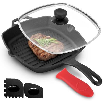 MegaChef - 10.4 Inch Pre-Seasoned Cast Iron Griddle with Tempered Glass Lid - Black and Red MegaChef - 10.4 Inch Pre-Seasoned Cast Iron Griddle with Tempered Glass Lid - Black and Red