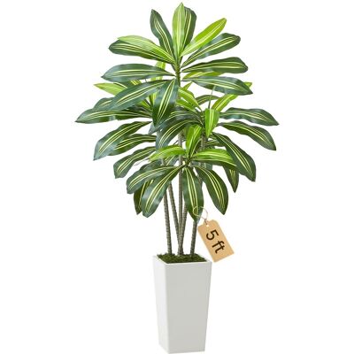 VEVOR - Artificial Dracaena Tree 5 ft, Fake Palm Tropical Plants with White Tall Planter, Faux Floor Silk Plant in Pot - Green VEVOR - Artificial Dracaena Tree 5 ft, Fake Palm Tropical Plants with White Tall Planter, Faux Floor Silk Plant in Pot - Green