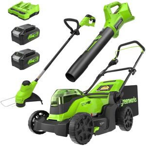 Greenworks - 48V (24V x 2) 17" Brushless Push Lawn Mower +Blower + 12" String Trimmer, (2) 4Ah Batteries and Charger - Green Greenworks - 48V (24V x 2) 17" Brushless Push Lawn Mower +Blower + 12" String Trimmer, (2) 4Ah Batteries and Charger - Green