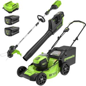 Greenworks - 80V 21” (Push) Cordless Lawn Mower + Axial Leaf Blower + 13” String Trimmer, (2) 2.0Ah Batteries and Charger - Green Greenworks - 80V 21” (Push) Cordless Lawn Mower + Axial Leaf Blower + 13” String Trimmer, (2) 2.0Ah Batteries and Charger - Green