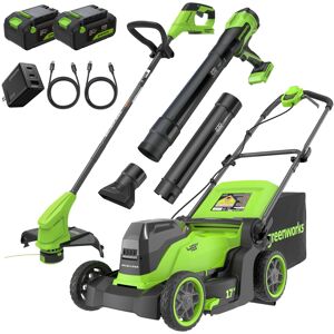 Greenworks - 48V (24V x 2) 17" Push Mower + Blower + 12" String Trimmer Combo, (2) 4.0Ah Batteries and Charger - Green Greenworks - 48V (24V x 2) 17" Push Mower + Blower + 12" String Trimmer Combo, (2) 4.0Ah Batteries and Charger - Green