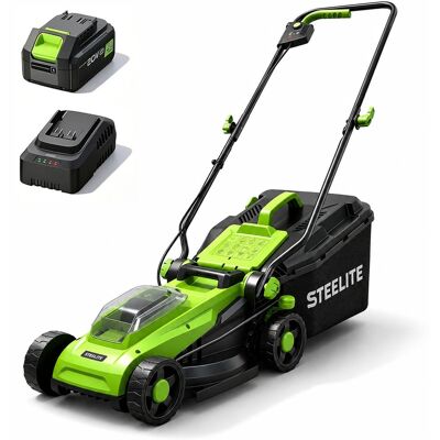 Steelite - 13-Inch Cordless Electric Lawn Mower 21V Max Brushless Motor with 4.0Ah Battery & Charger Steelite - 13-Inch Cordless Electric Lawn Mower 21V Max Brushless Motor with 4.0Ah Battery & Charger