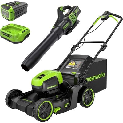 Greenworks - 60V 17" Brushless (Push) Mower + 60V (610 CFM) Brushless Blower, 4.0Ah Battery and 3A Charger - Green Greenworks - 60V 17" Brushless (Push) Mower + 60V (610 CFM) Brushless Blower, 4.0Ah Battery and 3A Charger - Green