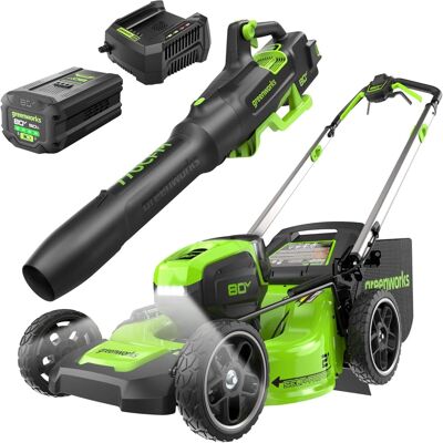 Greenworks - 80V 21" Self-Propelled Lawn Mower + Blower (Gen 2), 5.0Ah Battery and Charger - Green Greenworks - 80V 21" Self-Propelled Lawn Mower + Blower (Gen 2), 5.0Ah Battery and Charger - Green
