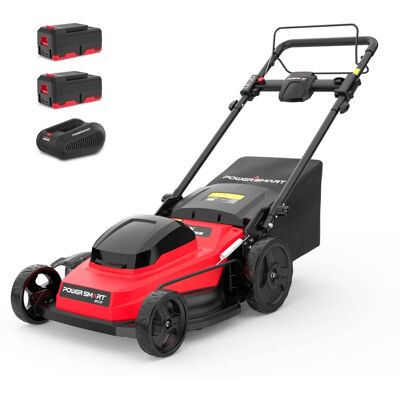 POWERSMART - 40-Volt 20-Inch Cordless Self-Propelled Lawn Mower with Charger and Dual Battery Slots, 50L Grass Catcher - Red POWERSMART - 40-Volt 20-Inch Cordless Self-Propelled Lawn Mower with Charger and Dual Battery Slots, 50L Grass Catcher - Red