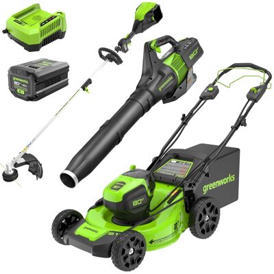 Greenworks - 80V 21" Brushless Self-Propelled Cordless Lawn Mower + 580 CFM Axial Leaf Blower + 16 " String Trimmer - Green Greenworks - 80V 21" Brushless Self-Propelled Cordless Lawn Mower + 580 CFM Axial Leaf Blower + 16 " String Trimmer - Green