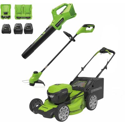 Greenworks - 48V (24V x 2) 21" Self-propelled Lawn Mower, 12" String Trimmer and Blower, 3 Batteries and 2 Chargers Included - Green Greenworks - 48V (24V x 2) 21" Self-propelled Lawn Mower, 12" String Trimmer and Blower, 3 Batteries and 2 Chargers Included - Green