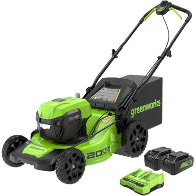 Greenworks - 48V (24V x 2) 20" Brushless Battery-Powered Lawn Mower, with (2) 4.0Ah USB Batteries and Charger - Green Greenworks - 48V (24V x 2) 20" Brushless Battery-Powered Lawn Mower, with (2) 4.0Ah USB Batteries and Charger - Green
