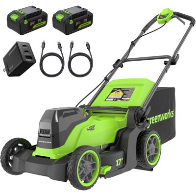 Greenworks - 48V (24V x 2) 17" Brushless Cordless Push Lawn Mower, (2) 4.0Ah Batteries and Dual Port Charger - Green Greenworks - 48V (24V x 2) 17" Brushless Cordless Push Lawn Mower, (2) 4.0Ah Batteries and Dual Port Charger - Green