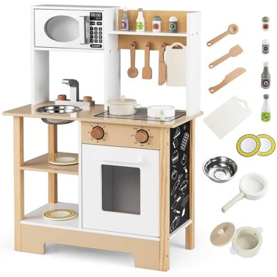Costway - Play Kitchen with Chalkboard Microwave Stove Dish Rack Faucet Sink Accessories - White + Natural Costway - Play Kitchen with Chalkboard Microwave Stove Dish Rack Faucet Sink Accessories - White + Natural