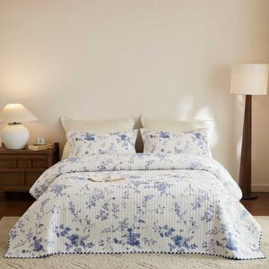 MarCielo - 3 Piece 100% Cotton White Floral Quilt Bedspread Set - Blue MarCielo - 3 Piece 100% Cotton White Floral Quilt Bedspread Set - Blue