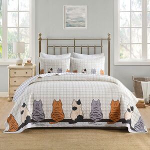 MarCielo - 3-Pieces Cat Silhouette Checkered Quilt Bedspread Set - Multicolored MarCielo - 3-Pieces Cat Silhouette Checkered Quilt Bedspread Set - Multicolored