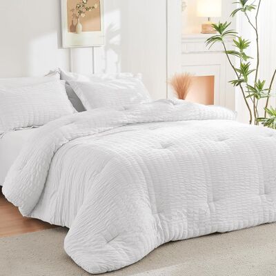 Dazzed Corner - Seersucker 5/7 Pieces Bed in a Bag Comforter Set with Sheets, Pillowcases & Shams - White Dazzed Corner - Seersucker 5/7 Pieces Bed in a Bag Comforter Set with Sheets, Pillowcases & Shams - White