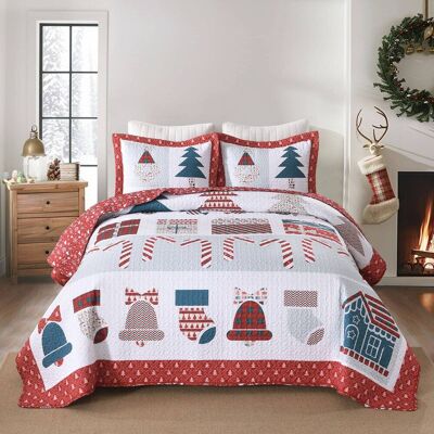 MarCielo - 3 Pcs Candy cane Polyester Christmas Quilt Bedspreads Set - Red MarCielo - 3 Pcs Candy cane Polyester Christmas Quilt Bedspreads Set - Red