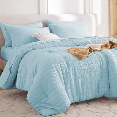 Dazzed Corner - Seersucker 5/7 Pieces Bed in a Bag Comforter Set with Sheets, Pillowcases & Shams - Lake Blue Dazzed Corner - Seersucker 5/7 Pieces Bed in a Bag Comforter Set with Sheets, Pillowcases & Shams - Lake Blue