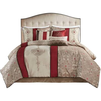 Gracie Mills - Kurtis 7-Piece Jacquard Comforter Set with Designer Throw Pillows - Red Gracie Mills - Kurtis 7-Piece Jacquard Comforter Set with Designer Throw Pillows - Red