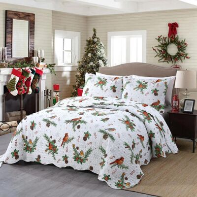 MarCielo - 3-Piece Winter Cardinals Christmas Queen Size Quilt Bedspread Set C79 - White MarCielo - 3-Piece Winter Cardinals Christmas Queen Size Quilt Bedspread Set C79 - White