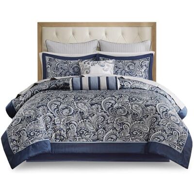 Gracie Mills - Thornton Supreme Comfort: 12-Piece Comforter Ensemble with Cotton Bed Sheets - Navy Gracie Mills - Thornton Supreme Comfort: 12-Piece Comforter Ensemble with Cotton Bed Sheets - Navy
