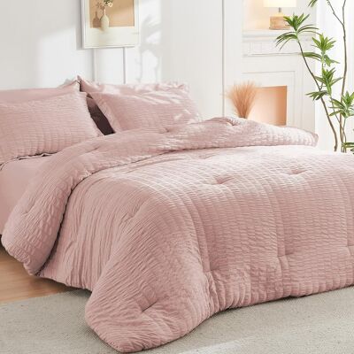 Dazzed Corner - Seersucker 5/7 Pieces Bed in a Bag Comforter Set with Sheets, Pillowcases & Shams - Rose Gold Dazzed Corner - Seersucker 5/7 Pieces Bed in a Bag Comforter Set with Sheets, Pillowcases & Shams - Rose Gold