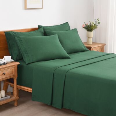 MarCielo - 4/6 Pcs Soft Solid & Embroidery Bed Sheets Set - Dark Green MarCielo - 4/6 Pcs Soft Solid & Embroidery Bed Sheets Set - Dark Green