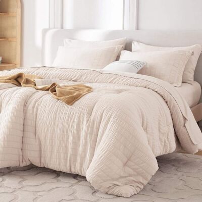 Dazzed Corner - Seersucker 5/7 Pieces Bed in a Bag Comforter Set with Sheets, Pillowcases & Shams - Beige Dazzed Corner - Seersucker 5/7 Pieces Bed in a Bag Comforter Set with Sheets, Pillowcases & Shams - Beige