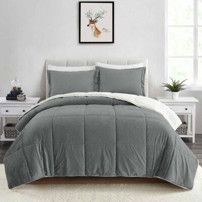 Peace Nest - Sherpa Fluffy Faux Fur Comforter Set Plush Reversible Bedding Set - Solid Gray Peace Nest - Sherpa Fluffy Faux Fur Comforter Set Plush Reversible Bedding Set - Solid Gray