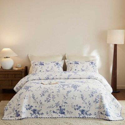 MarCielo - 3 Piece 100% Cotton White Floral Quilt Bedspread Set - Blue MarCielo - 3 Piece 100% Cotton White Floral Quilt Bedspread Set - Blue