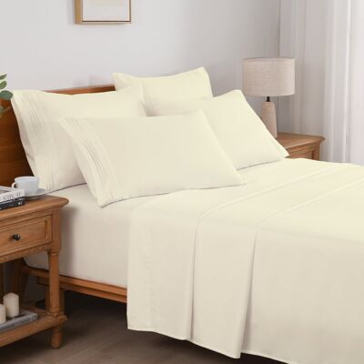 MarCielo - 4/6 Pcs Soft Solid & Embroidery Bed Sheets Set - Cream MarCielo - 4/6 Pcs Soft Solid & Embroidery Bed Sheets Set - Cream