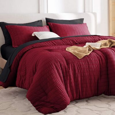 Dazzed Corner - Seersucker 5/7 Pieces Bed in a Bag Comforter Set with Sheets, Pillowcases & Shams - Red/Black Dazzed Corner - Seersucker 5/7 Pieces Bed in a Bag Comforter Set with Sheets, Pillowcases & Shams - Red/Black