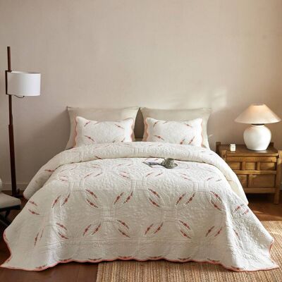 MarCielo - 3 Pieces Cotton French Country Quilt Bedspread Set Floral Embroidery - White MarCielo - 3 Pieces Cotton French Country Quilt Bedspread Set Floral Embroidery - White
