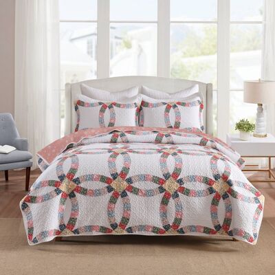 MarCielo - 3 Pcs 100% Cotton Double-Ring Patchwork Quilt Bedspread Set - Multicolored MarCielo - 3 Pcs 100% Cotton Double-Ring Patchwork Quilt Bedspread Set - Multicolored