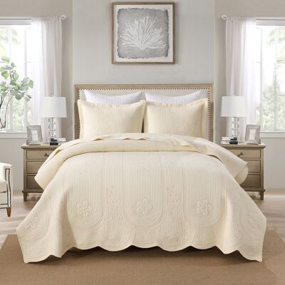 MarCielo - 3 Pcs 100% Cotton Embroidered Bedspread Set with Floral Stitching with Scalloped Edge - Beige MarCielo - 3 Pcs 100% Cotton Embroidered Bedspread Set with Floral Stitching with Scalloped Edge - Beige