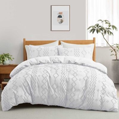 Peace Nest Tufted Clipped Jacquard Geometric Duvet Cover Diamond Pattern Bedding Set with Pillowcase - White Peace Nest Tufted Clipped Jacquard Geometric Duvet Cover Diamond Pattern Bedding Set with Pillowcase - White