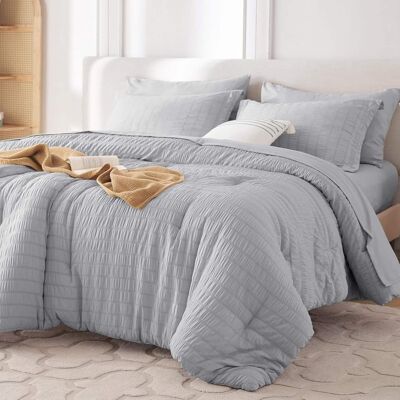Dazzed Corner - Seersucker 5/7 Pieces Bed in a Bag Comforter Set with Sheets, Pillowcases & Shams - Light Gray Dazzed Corner - Seersucker 5/7 Pieces Bed in a Bag Comforter Set with Sheets, Pillowcases & Shams - Light Gray