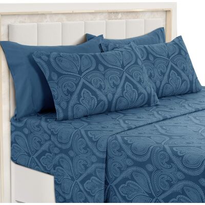 Lux Decor Collection - 6-Piece Queen Sheet Set, Paisley Design Brushed Microfiber Deep Pocket Sheets - Navy Blue Lux Decor Collection - 6-Piece Queen Sheet Set, Paisley Design Brushed Microfiber Deep Pocket Sheets - Navy Blue