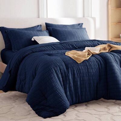 Dazzed Corner - Seersucker 5/7 Pieces Bed in a Bag Comforter Set with Sheets, Pillowcases & Shams - Navy Blue Dazzed Corner - Seersucker 5/7 Pieces Bed in a Bag Comforter Set with Sheets, Pillowcases & Shams - Navy Blue