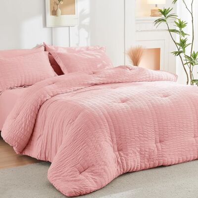 Dazzed Corner - Seersucker 5/7 Pieces Bed in a Bag Comforter Set with Sheets, Pillowcases & Shams - Rose Pink Dazzed Corner - Seersucker 5/7 Pieces Bed in a Bag Comforter Set with Sheets, Pillowcases & Shams - Rose Pink
